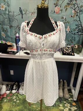 NWOT Sugar Thrillz White Swiss Dot Floral-Trim Square Neck Dress